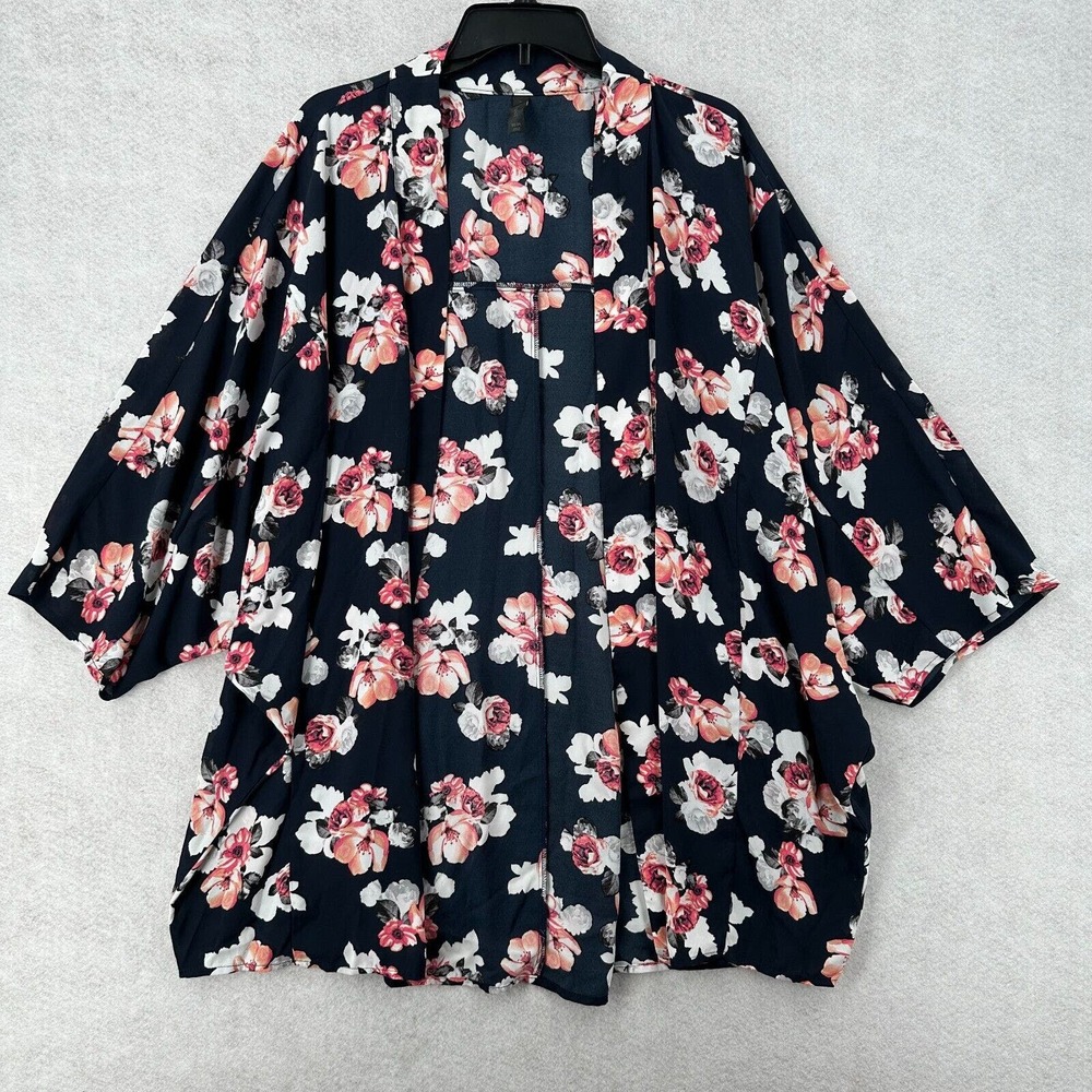 Lane Bryant Open Front‎ Kimono Womens 22/24 Black Pink Floral Cardigan Cover Up
